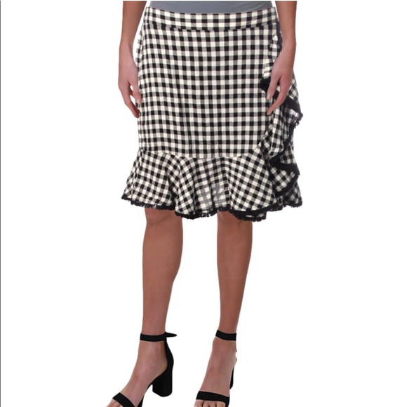 Aqua Black White Gingham Check Fringe Ruffle Skirt - Picture 1 of 12